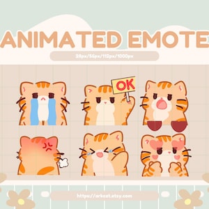 Pode incluir: Emojis animados com um gato tabby laranja de desenho animado com diferentes expressões, incluindo chorando, com raiva, feliz e apaixonado. O gato está segurando um sinal que diz "OK".