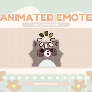 May include: An animated emote of a cartoon raccoon with a loading circle above its head. The raccoon is grey and brown with a white face and a small, open mouth. The background is a light beige with a grid pattern and floral accents.