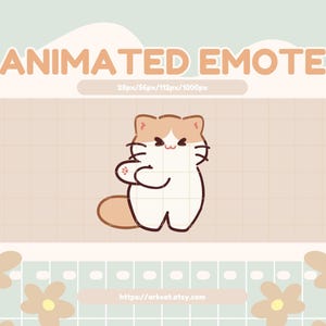 May include: An animated emote graphic featuring a cute cartoon cat with tan and white fur. The cat is smiling and has its paws together. The text "ANIMATED EMOTE" is at the top, with sizing information below. The background has a floral and grid pattern.