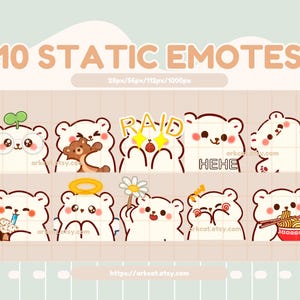 May include: Ten static emotes featuring a white bear with different expressions. The emotes are in various sizes, from 28 pixels to 1000 pixels. The emotes include expressions like "RAID", "HEHE", and a bear holding a teddy bear.
