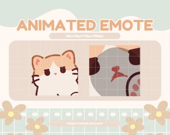 Könnte beinhalten: Animiertes Emoji einer Cartoon-Katze mit orange-weißem Fell, die mit einem mürrischen Gesichtsausdruck nach rechts schaut. Das Emoji ist in verschiedenen Größen von 28 Pixel bis 1000 Pixel verfügbar. Das Bild enthält auch einen Link zum Etsy-Shop des Künstlers.