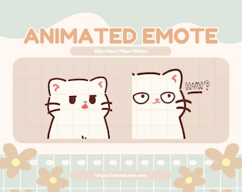 Könnte beinhalten: Animiertes Katzen-Emote mit weißem Hintergrund. Die Katze hat schwarze Augen und eine rosa Nase. Die Katze schaut nach rechts und hat einen verwirrten Ausdruck. Der Text "HUH?" ist in Schwarz über dem Kopf der Katze geschrieben.