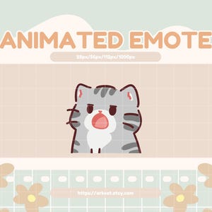 May include: Animated emote of a gray and white cat with a surprised expression, with the text "ANIMATED EMOTE" above and "https://arkcat.etsy.com" below.