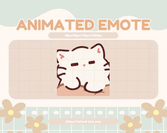 Könnte beinhalten: Eine animierte Emote-Grafik mit einer weißen Katze mit leicht verärgertem Gesichtsausdruck. Die Katze hat schwarze Umrisse und rosa Akzente an den Ohren. Der Text "ANIMATED EMOTE" steht oben, mit einer Website-Adresse unten.