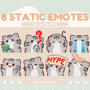 Gray Cat Emote Pack – 8 Cute Static Cat Emotes for Twitch, Discord & YouTube | Instant Download | Emote Bundle Set