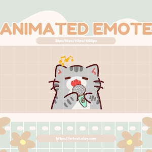 Peut inclure: Émoticône animé d'un chat gris chantant dans un microphone avec des notes de musique au-dessus de sa tête. Le chat a un nez rose et les yeux fermés. L'arrière-plan est de couleur brun clair avec un motif en grille.