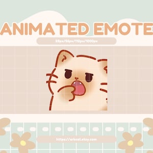 Può includere: Grafica di emote animata con un gatto beige chiaro con un'espressione scontenta, che si lecca la zampa. Il testo "ANIMATED EMOTE" è in alto, con dettagli sulle dimensioni. Lo sfondo è una morbida combinazione di colori pastello con motivi floreali e a griglia.
