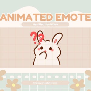 May include: Animated emote of a white rabbit with pink cheeks, looking confused with question marks above its head. The rabbit is drawn in a simple, cartoon style.