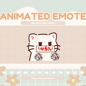 Könnte beinhalten: Animiertes Emoji einer weißen Katze mit einem roten Mund, der ihr Gesicht bedeckt. Der Mund sagt "!#$%!" in roten Buchstaben. Die Katze hat schwarze Augen und eine schwarze Nase. Der Hintergrund ist ein hellrosa Gitter.