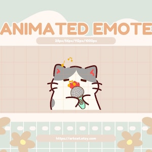 May include: Animated emote of a gray and white cat singing into a microphone with a red and white hat on its head. The cat is on a light brown background with a grid pattern.