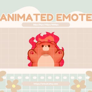Könnte beinhalten: Ein animiertes Emote mit einem Cartoon-Bären mit orangefarbenem Fell und roten Flammen. Der Bär hat die Arme ausgestreckt. Der Text "ANIMATED EMOTE" befindet sich oben im Bild. Der Hintergrund ist hellbeige mit einem Rastermuster.