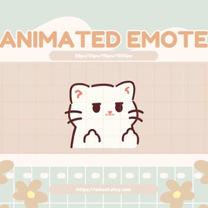 Könnte beinhalten: Animiertes Emoji einer weißen Katze mit braunen Augen und einem fragenden Ausdruck. Die Katze macht mit beiden Händen eine unhöfliche Geste. Das Emoji ist vor einem hellrosa Hintergrund mit einem Gittermuster platziert.