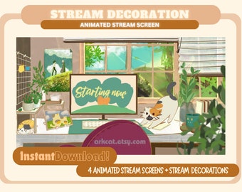 May include: A digital illustration of a cozy home office with a window view of a green landscape. The computer screen displays the text "Starting now". A cat sits on the desk with a book and a mug. The text "Instant Download!" and "4 Animated Stream Screens + Stream Decorations" is displayed at the bottom of the image.