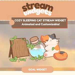 Peut inclure: Illustration numérique d'un widget de flux de chat endormi et confortable. L'image comprend un panneau en bois, une bouteille en verre avec du liquide bleu et un chat endormi avec une fourrure orange, blanche et noire. Le texte dit "COZY SLEEPING CAT STREAM WIDGET Animated and Customizable!"
