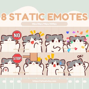 Op de afbeelding: Een afbeelding met acht statische emotes van een cartoonkat met grijs en wit haar. De emotes tonen verschillende uitdrukkingen en acties, waaronder het vasthouden van een "NO"-bord, een "STOP"-bord en confetti. De tekst bovenaan luidt "8 STATIC EMOTES".