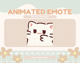 Könnte beinhalten: Grafik eines animierten Emotes mit einer weißen Katze mit nachdenklichem Ausdruck. Die Katze hat schwarze Schnurrhaare und eine rosa Nase und ein rosa Ohr. Der Text "ANIMATED EMOTE" steht oben, mit der Etsy-Shop-URL unten.
