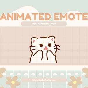 Peut inclure: Émoticône animé d'un chat blanc aux yeux bruns et au nez rose, qui a l'air surpris, la bouche ouverte et les pattes levées devant son visage. Le chat est sur un fond brun clair avec un motif en grille.