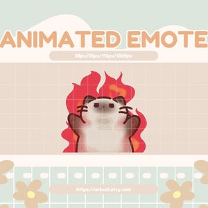 Può includere: Un'emote animata con un gatto dei cartoni animati in fiamme. Il gatto è bianco e marrone, con fiamme rosse intorno alla testa. Il testo "ANIMATED EMOTE" è in alto, con specifiche di dimensioni. Lo sfondo è verde chiaro e beige.