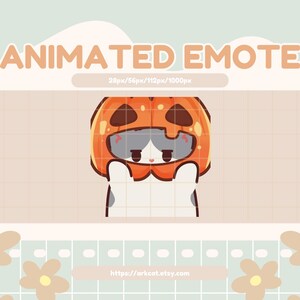 Peut inclure: Une émoticône animée représentant un chat de dessin animé portant un casque de citrouille. Le chat a des poils gris et blancs et regarde par-dessus le bord d'un rectangle marron clair. Le texte "ANIMATED EMOTE" est en haut.