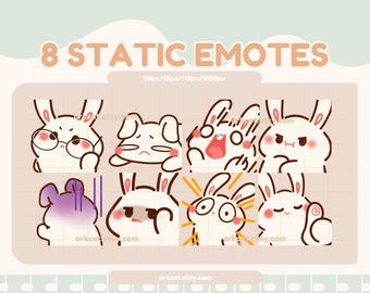 Puede incluir: Imagen con ocho emoticonos estáticos de conejos de dibujos animados blancos con diversas expresiones. El texto "8 STATIC EMOTES" se muestra en la parte superior. Cada conejo tiene una expresión facial única, incluyendo el uso de gafas, aspecto triste y sorpresa.