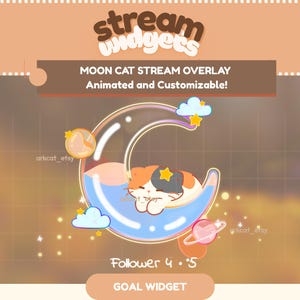 Calico Cat Moon Stream Goal Widget – Animated Dreamy Night Overlay (Digital Download)