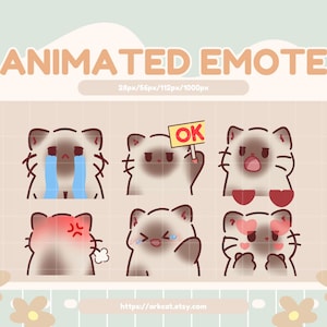 May include: Animated emote set featuring a cartoon cat with various expressions. The cat emotes include crying, holding an "OK" sign, blushing, angry, tearful, and with hearts for eyes. The background is a light beige with a grid pattern.