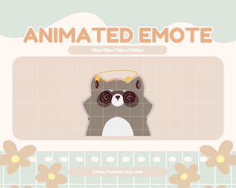 May include: An animated emote of a cartoon raccoon with a halo and swirling eyes. The raccoon is grey and white, set against a light peach background with the text "ANIMATED EMOTE". The design includes a grid pattern and floral accents.