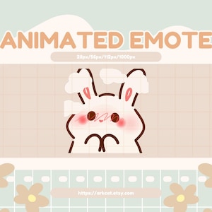 Puede incluir: Un emote animado con un conejito sonrojado con acentos de nubes. El texto "ANIMATED EMOTE" se muestra en la parte superior, con especificaciones de tamaño. El fondo es una combinación de colores pastel suaves con patrones florales y de cuadrícula.