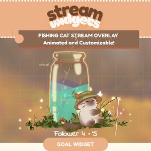 May include: A digital stream overlay graphic featuring a cartoon cat wearing a green hat and fishing with a rod. The cat sits near a glass jar containing blue liquid and a twig. Text includes stream widgets, FISHING CAT STREAM OVERLAY, and Follower 4/5.