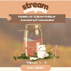 Könnte beinhalten: Digitalgrafik mit einer weißen Katze beim Angeln. Ein Glas enthält eine rosa Flüssigkeit. Der Text lautet "Stream Widgets", "Fishing Cat Stream Overlay" und "Animated and Customizable!". Ein Follower-Ziel-Widget wird ebenfalls angezeigt.