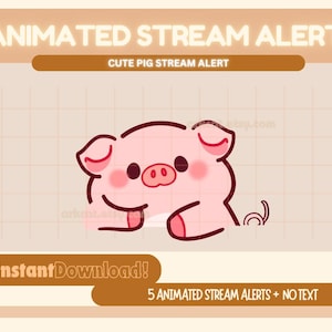 Könnte beinhalten: Animierter Stream-Alert mit einem niedlichen rosa Schweinchen mit einem eingerollten Schwanz. Das Schweinchen schaut den Betrachter mit einem freundlichen Ausdruck an. Der Text "Sofort herunterladen!" und "5 animierte Stream-Alarme + kein Text" ist ebenfalls sichtbar.