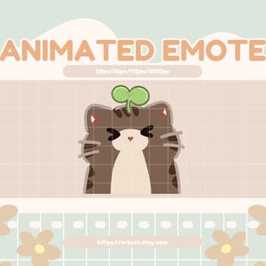 May include: An animated emote featuring a cartoon cat with a sprout on its head. The cat is brown with dark stripes and a white chest. The background is a light beige with a grid pattern and the text "ANIMATED EMOTE".