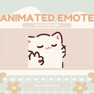 Puede incluir: Un emote animado con un gato blanco con los ojos cerrados y un pequeño rubor rosa. El gato hace un gesto de pulgar hacia arriba. El fondo es de color beige claro con las palabras "ANIMATED EMOTE" en color melocotón.