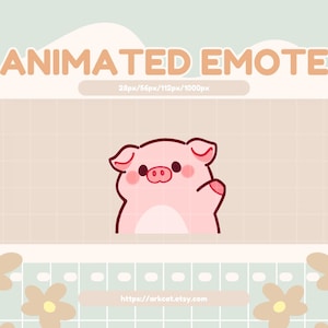 May include: Animated emote of a pink pig with a friendly expression, waving its right paw. The pig is on a light brown background with a grid pattern.