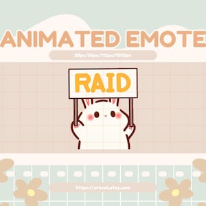 Puede incluir: Emoticono animado de un conejito blanco sosteniendo un cartel amarillo que dice "RAID".