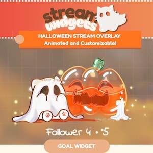 May include: A digital Halloween stream overlay graphic featuring a white ghost character with paw prints, a glossy orange jack-o'-lantern, and a white candle. The text reads stream widgets, HALLOWEEN STREAM OVERLAY, Animated and Customizable!, Follower 4 / 5, and GOAL WIDGET.