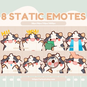 Lot de 8 émoticônes statiques vache - Vache mignonne Salut, oui, pleurs, argent et plus | Twitch, Discord, YouTube