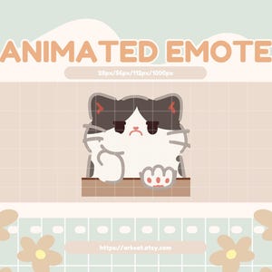 May include: An animated emote featuring a grumpy cartoon cat with black and white fur, an angry expression, and a red mark on its head. The text "ANIMATED EMOTE" is displayed above the cat, with a website address at the bottom.
