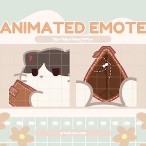 Könnte beinhalten: Ein animiertes Emote mit einer weiß-dunkelgrauen Katzenfigur, die eine braune Brieftasche hält, mit dem Text ANIMATED EMOTE und 28px/56px/112px/1000px. Die Figur hat ein kleines rotes Herzsymbol über dem Kopf und ein braunes rautenförmiges Objekt.