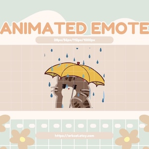 Peut inclure: Une émoticône animée représentant un chat de dessin animé sous un parapluie jaune sous la pluie. Le texte "ANIMATED EMOTE" et une URL Etsy sont inclus. Le chat est marron et blanc.