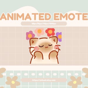 May include: An animated emote graphic featuring a cute cat with closed eyes, wearing a flower crown. The text "ANIMATED EMOTE" is at the top. The background is a light beige with a grid pattern and floral accents.