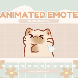 Può includere: Un'emote animata con un gatto dei cartoni animati con gli occhi chiusi e un gesto della mano. Il gatto è marrone chiaro con contorni marroni e un piccolo sbuffo di fumo bianco emana dal suo lato. Il testo "ANIMATED EMOTE" è in alto.