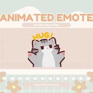 Op de afbeelding: Een geanimeerde emote-afbeelding met een grijze kat met uitgestrekte poten, die een knuffel aanbiedt. Het woord "HUG!" staat in het geel boven de kat. De achtergrond is licht perzik van kleur met een rasterpatroon en decoratieve bloemen.