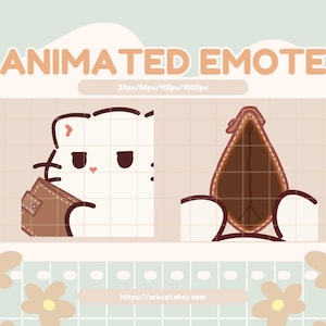 May include: An animated emote graphic featuring a white cat with a brown satchel and a second graphic of a brown object. The text "ANIMATED EMOTE" is displayed in a light brown color, with the Etsy shop URL at the bottom.