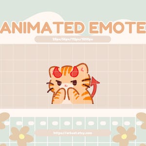 May include: Animated emote of a cartoon orange tabby cat with red devil horns and a tail. The cat is wearing a mischievous expression and has its paws clasped together in front of its chest.