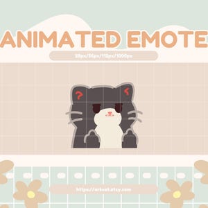 May include: Animated black cat emote with a white chest and red question mark on its head. The cat has its eyes closed and is making a grumpy face. The emote is set against a light brown background with a grid pattern.