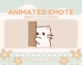 Könnte beinhalten: Animiertes Emoji eines weißen Katers, der hinter einer braunen Holztür hervorlugt. Die Katze hat eine rosa Nase und schwarze Augen. Das Emoji ist in verschiedenen Größen erhältlich, darunter 28px, 56px, 112px und 1000px.