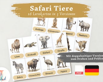 Lernkarten Kinder Safari Tiere | Deutsch lernen Kinder lernen Tiere Lernkarten Tiere Download digital PDF Montessori Flashcards Karteikarten