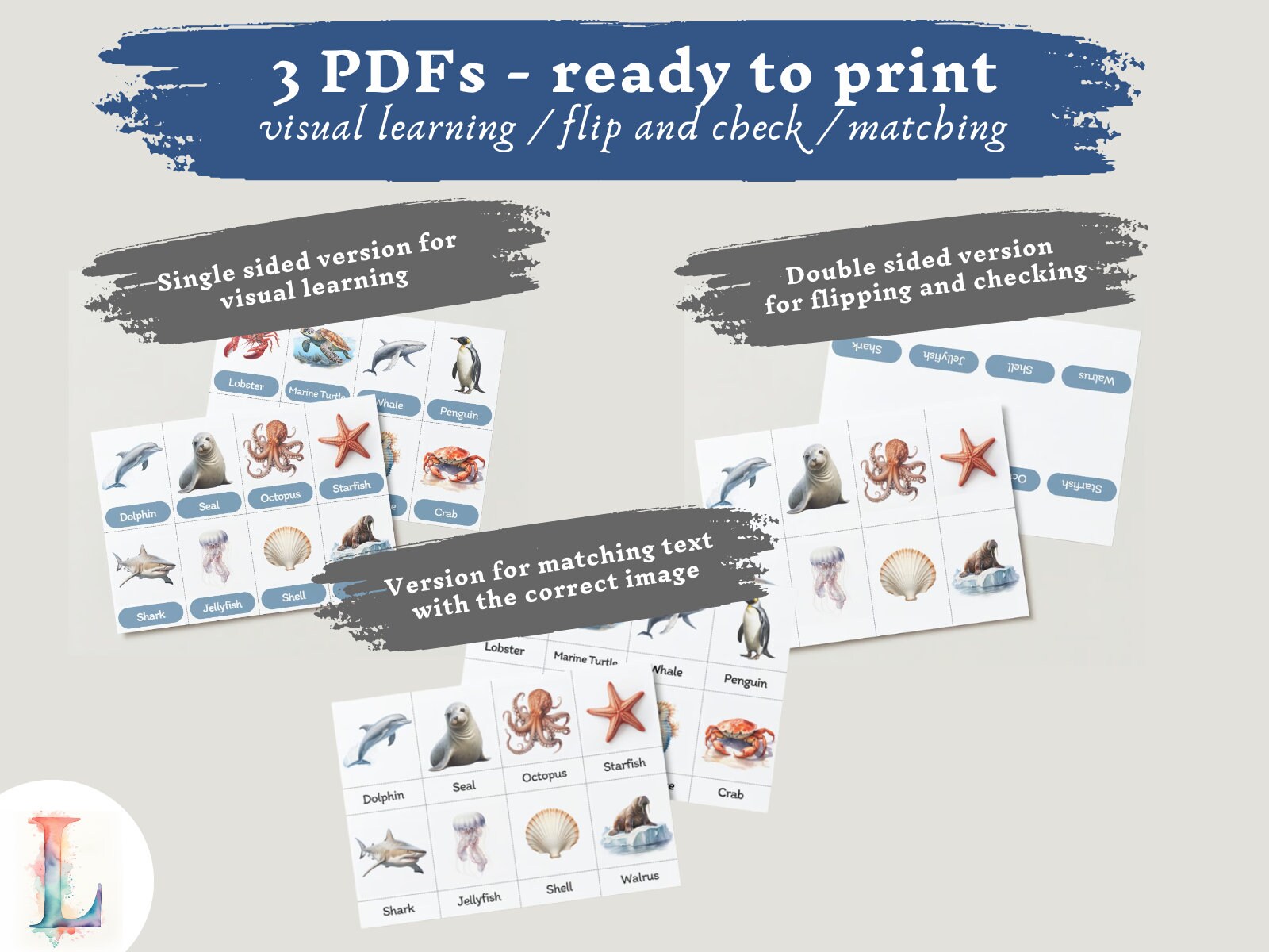 Flash Cards Sea Animals English Montessori Toddler Kids Etsy