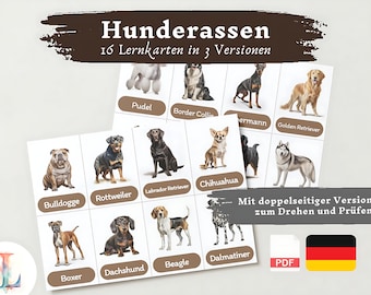 Lernkarten Kinder Hunderassen | Deutsch lernen Kinder lernen Tiere Lernkarten Tiere Download digital PDF Montessori Flashcards Karteikarten